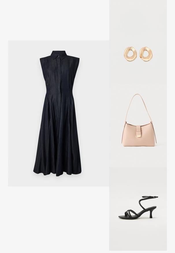 Denim mouwloos jurk, donkerblauw, knoopsluiting aan de voorzijde, spits kraag, uitlopende rok met plooien, gladde textuur, lengte boven de enkel.; Even&Odd Wide Fit by Zalando Sandalen - black; Lichtroze handtas met een gebogen vorm, gemaakt van een gestructureerd materiaal. Heeft een platte riem en een goudkleurig sluitingsdetail aan de voorkant.; Set van onregelmatig gevormde, gepolijste hoepel oorbellen van goudkleurig metaal met een open midden op een effen witte achtergrond.