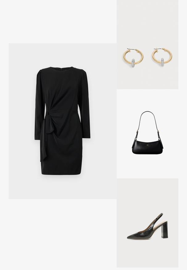 Schwarzes Kleid mit langen Ärmeln, runder Ausschnitt und einem Knoten-Detail in der Taille. Hergestellt aus glattem Stoff mit leichter Textur.; Schwarzer Leder-Slingback-Schuh mit spitzer Kappe, hohem Blockabsatz und beigegefüttertem Innenraum vor hellem, einfarbigem Hintergrund.; Schwarze kleine Lederschultertasche mit dünnem Riemen und kleinem goldenem CK-Logo auf der Vorderseite in der Mitte.; Paar goldfarbene Creolen mit kleinem silberfarbenem Schlaufen-Detail an jeder, vor hellem grauem Hintergrund präsentiert.