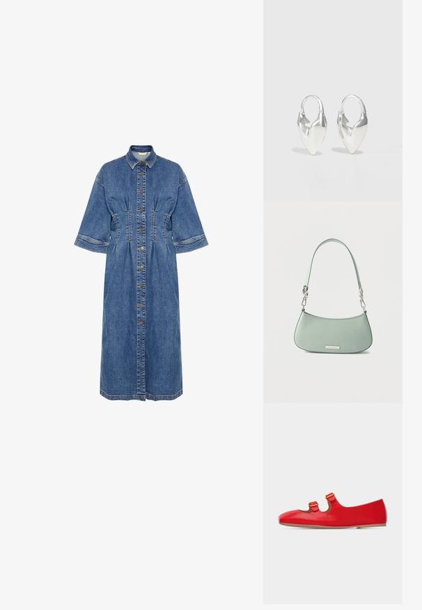 Denim-mekko, jossa on kauluskanteen, lyhyet hihat, nappilista edessä ja vyötärön yksityiskohtia. Värinä vaaleansininen ja tonaliset ompeleet.; Punainen matala kenkä, jossa on kaksi kultasolkista remmiä, pyöreä kärki ja beige pohja, esitetty sivulta valkoisella taustalla.; Vaaleanvihreä olkalaukku hopeisilla metalliosilla ja irrotettavalla hihnalla, jossa pieni suorakulmainen metallilogolaatta edessä.; Otiumberg ROSCIDA HEART HOOPS - Korvakorut - silver-coloured