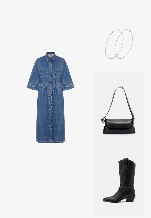 Denim skjortekjole med krave, korte ærmer, knaplukning foran og talje-detaljer. Har en lys blå farve og tonale syninger.; Sorte læder cowboystøvler med spids tå, præget svungen mønster og en mid-højde hæl. Har en trækflap for nemt at tage på.; Sort læderhåndvask med en struktureret form, en glat overflade og en enkelt skulderrem. Har et subtilt, rundet klapdesign.; Sølvøreringe med et minimalistisk design. Cirkulær form, glat tekstur og tynd profil. Letvægtige med en poleret overflade.