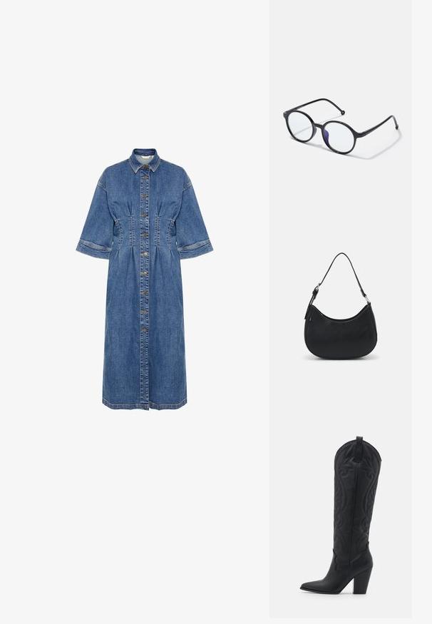 Denim skjortekjole med krave, korte ærmer, knaplukning foran og talje-detaljer. Har en lys blå farve og tonale syninger.; Zign LEATHER - Cowboy- / bikerstøvler - black; Runde sorte briller med tynde stel, klare linser og en let lilla nuance på den ene side; slankt design med en poleret finish.; Sort hobo taske lavet af glat læder med en buet silhuet, der har en enkelt justerbar skulderrem og minimalistiske designdetaljer.