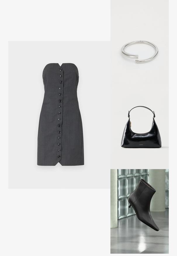 Graues trägerloses Kleid mit taillierter Silhouette, das mit einer Knopfleiste auf der Vorderseite und einem V-Ausschnitt gestaltet ist. Glatte Textur, maßgeschneiderter Stoff.; Schwarzer Leder-Knöchelstiefel mit spitzer Spitze und kleinem Absatz vor einer Wand aus Glasbausteinen und einem polierten Boden.; Schwarze, glänzende Calvin Klein Handtasche mit goldfarbenem Reißverschluss und kurzem Trageriemen vor schlichtem weißem Hintergrund.; Calvin Klein SPIRAL - Armband - silver-coloured
