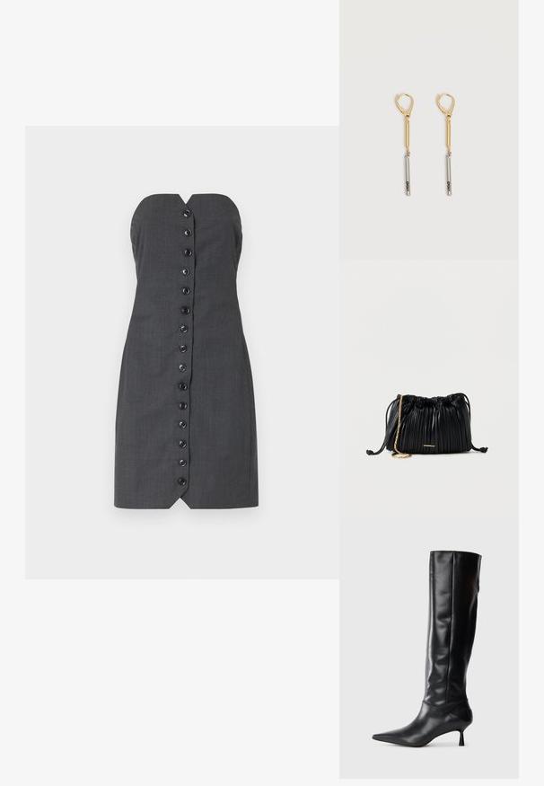 Vestido gris sin mangas con una silueta ajustada, que cuenta con un cierre frontal de botones y un diseño de escote en V. Textura suave, tela a medida.; Bota de cuero negra hasta la rodilla con punta afilada y tacón delgado curvado. Textura suave, diseño ajustado y sin hardware ni patrones visibles.; Bolso de mano negro de cuero plisado con cordón ajustable, cadena dorada como asa y un pequeño detalle horizontal dorado en la parte frontal.; Pendientes colgantes de oro y plata con cierres de palanca, que presentan una barra de oro unida a una barra de plata grabada con "DKNY" sobre un fondo blanco.