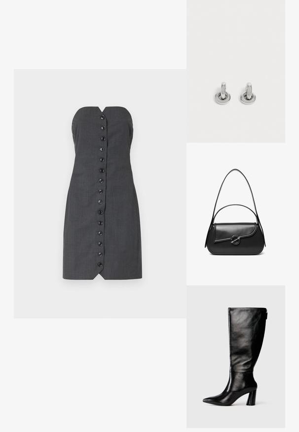 Vestido gris sin mangas con una silueta ajustada, que cuenta con un cierre frontal de botones y un diseño de escote en V. Textura suave, tela a medida.; Bota de cuero negro hasta la rodilla con punta afilada, textura suave y un tacón grueso. Presenta un detalle de cremallera en la parte de atrás.; Bolso de hombro de cuero negro con una solapa curva asegurada por un broche metálico redondo y una correa delgada y ajustable.; Par de pequeños pendientes de aro plateados brillantes con base redonda, exhibidos sobre un fondo claro y liso.
