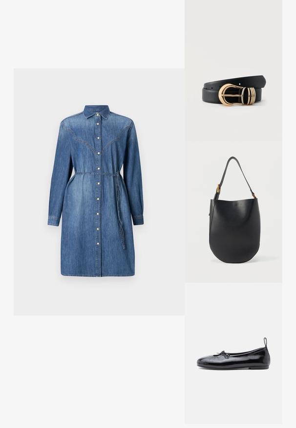 Lichtblauwe denim jurk met lange mouwen, knoopsluiting aan de voorkant, kraag en tailleband. Heeft gestikte schouderpasdetails en zakken.; Zwarte gepoetste leren balletschoenen met een ronde neus, een klein strikje en een gladde textuur; heeft een lage platte zool en een lusje aan de hiel.; Zwarte leren bucketbag met brede verstelbare schouderband en goudkleurige gespsaccenten tegen een eenvoudige witte achtergrond.; Zwarte leren riem opgerold met een glanzende gouden metalen gesp en drie gouden lussen op een effen witte achtergrond.
