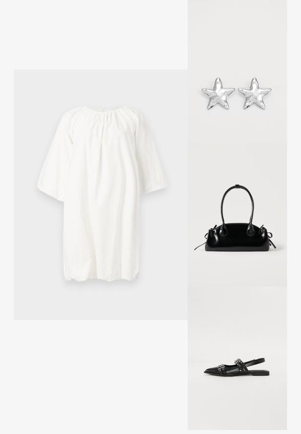 Robe en coton blanc avec un col rond, des manches trois-quarts et un détail froncé au niveau du col ; design ample et simple.; Even&Odd by Zalando Ballerines à brides arrière - black; Petit sac à main noir brillant avec deux longues anses et des détails à cordon sur les côtés sur un fond clair uni.; Boucles d'oreilles argentées en forme d'étoile, avec une surface lisse et brillante. Chaque boucle d'oreille possède cinq pointes et des détails subtils de texture de surface.