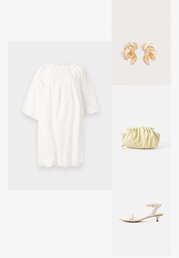 Robe en coton blanc avec un col rond, des manches trois-quarts et un détail froncé au niveau du col ; design ample et simple.; Sandale beige à talon bas avec une bride unique pour les orteils et une bride de cheville ajustable ornée d'une petite boucle en or, sur fond blanc.; Sac à main plissé jaune en simili cuir lisse, arborant une forme douce avec une bandoulière unique et un design froncé sur le dessus.; Paire de boucles d'oreilles en métal doré brillant de forme abstraite avec un design courbé et froncé sur fond gris clair.