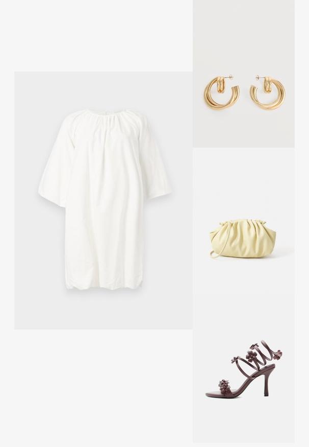 Robe en coton blanc avec un col rond, des manches trois-quarts et un détail froncé au niveau du col ; design ample et simple.; Sandale à talon haut mauve foncé avec bride de cheville en spirale et multiples décorations florales 3D sur les brides et la zone des orteils.; Sac à main plissé jaune en simili cuir lisse, arborant une forme douce avec une bandoulière unique et un design froncé sur le dessus.; Paire de boucles d'oreilles créoles doubles en or brillant avec attaches à tige sur fond blanc.