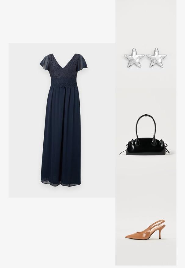 Robe maxi bleu marine avec corsage en dentelle florale, décolleté en V, et manches courtes délicates et transparentes.; Escarpin à talon slingback à bout pointu en matériau beige lisse et brillant. Présente un design de découpes courbées et un talon aiguille fin. Détail de boucle en argent.; Petit sac à main noir brillant avec deux longues anses et des détails à cordon sur les côtés sur un fond clair uni.; Boucles d'oreilles argentées en forme d'étoile, avec une surface lisse et brillante. Chaque boucle d'oreille possède cinq pointes et des détails subtils de texture de surface.