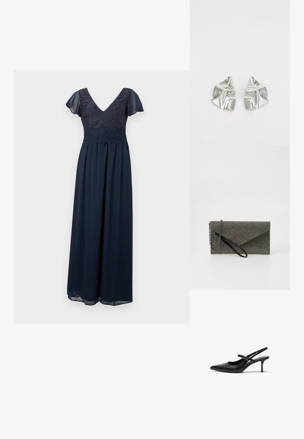 Robe maxi bleu marine avec corsage en dentelle florale, décolleté en V, et manches courtes délicates et transparentes.; Talons aiguilles noires en cuir avec un bout pointu, une fine bride réglable, et un talon aiguille d'environ 5 cm, texture lisse.; Pochette en métal gris avec un motif en maille texturé, design en enveloppe, bandoulière en chaîne et une fine sangle de poignet élégante.; Boucles d'oreilles en métal argenté avec un design ondulé et sculptural, présentant une finition polie et des formes irrégulières, mettant en valeur une esthétique contemporaine.