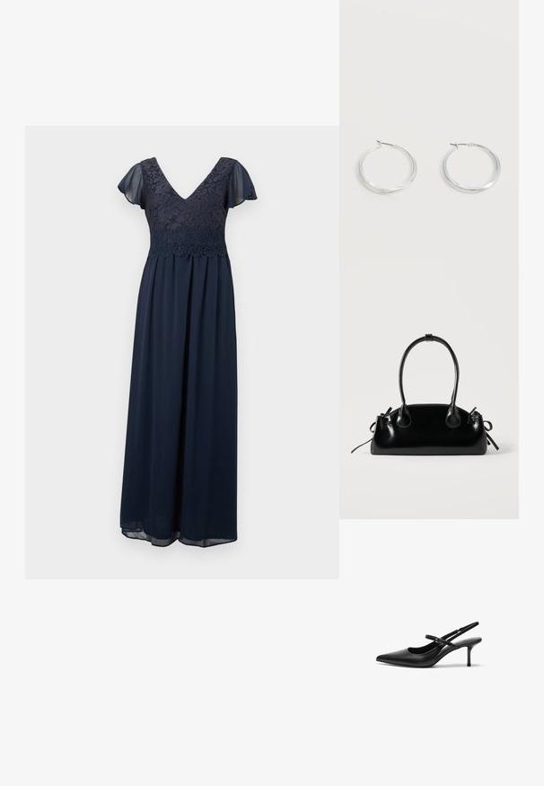 Robe maxi bleu marine avec corsage en dentelle florale, décolleté en V, et manches courtes délicates et transparentes.; Talons aiguilles noires en cuir avec un bout pointu, une fine bride réglable, et un talon aiguille d'environ 5 cm, texture lisse.; Petit sac à main noir brillant avec deux longues anses et des détails à cordon sur les côtés sur un fond clair uni.; Boucles d’oreilles créoles en métal argenté avec une surface lisse légèrement incurvée et des fermoirs à clapet sur un fond blanc uni.