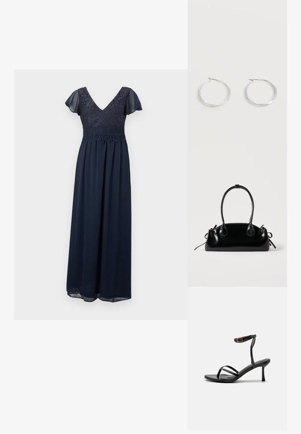 Robe maxi bleu marine avec corsage en dentelle florale, décolleté en V, et manches courtes délicates et transparentes.; Sandales à talons hauts noires avec un design à fines lanières, texture lisse, boucle à la cheville et bout pointu. Détail de bride de cheville ajustable.; Petit sac à main noir brillant avec deux longues anses et des détails à cordon sur les côtés sur un fond clair uni.; Boucles d’oreilles créoles en métal argenté avec une surface lisse légèrement incurvée et des fermoirs à clapet sur un fond blanc uni.