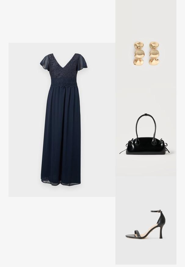 Robe maxi bleu marine avec corsage en dentelle florale, décolleté en V, et manches courtes délicates et transparentes.; Sandale à talons hauts en cuir noir avec une fine bride de cheville, bout ouvert et un talon élégant et courbé. Semelle texturée et design minimaliste.; Petit sac à main noir brillant avec deux longues anses et des détails à cordon sur les côtés sur un fond clair uni.; Boucles d’oreilles pendantes ton or avec trois segments irréguliers, lisses et arrondis empilés verticalement sur un fond clair uni.