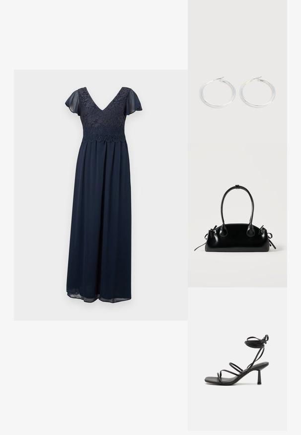 Robe maxi bleu marine avec corsage en dentelle florale, décolleté en V, et manches courtes délicates et transparentes.; Sandale noire à lanières avec un bout carré, des liens de cheville réglables et un talon carré fin. Fabriquée en un matériau lisse et durable.; Petit sac à main noir brillant avec deux longues anses et des détails à cordon sur les côtés sur un fond clair uni.; Paire de boucles d'oreilles créoles argentées brillantes avec fermoirs en fil fin, présentée sur un fond gris clair.