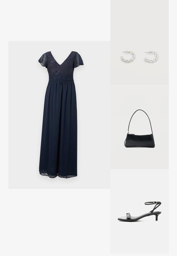 Robe maxi bleu marine avec corsage en dentelle florale, décolleté en V, et manches courtes délicates et transparentes.; Sandale noire en cuir à bout ouvert avec petit talon kitten, fine bride de cheville avec boucle dorée et accent décoratif doré sur la bride avant.; Sac à main rectangulaire noir avec une fine bandoulière et fermeture éclair, présenté sur un fond blanc uni.; Boucles d'oreilles anneaux en argent incrustées de cristaux facettés clairs, avec attaches à tige et embouts transparents sur fond blanc.