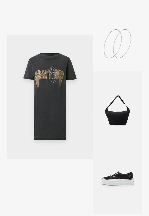 Sort kortærmet kjole med teksten "PANTHER" i leopardprint og en sort pantergrafik over bogstaverne foran.; Sort lærred sneakers med en hvid gummi platform sål, der har hvide snørebånd og syninger, ikonisk branding på siden, lav-top design.; Sort stof skuldertaske med en blød tekstureret overflade, rund form og en enkelt rem. Minimalistisk design uden synligt hardware eller accenter.; Sølvøreringe med et minimalistisk design. Cirkulær form, glat tekstur og tynd profil. Letvægtige med en poleret overflade.