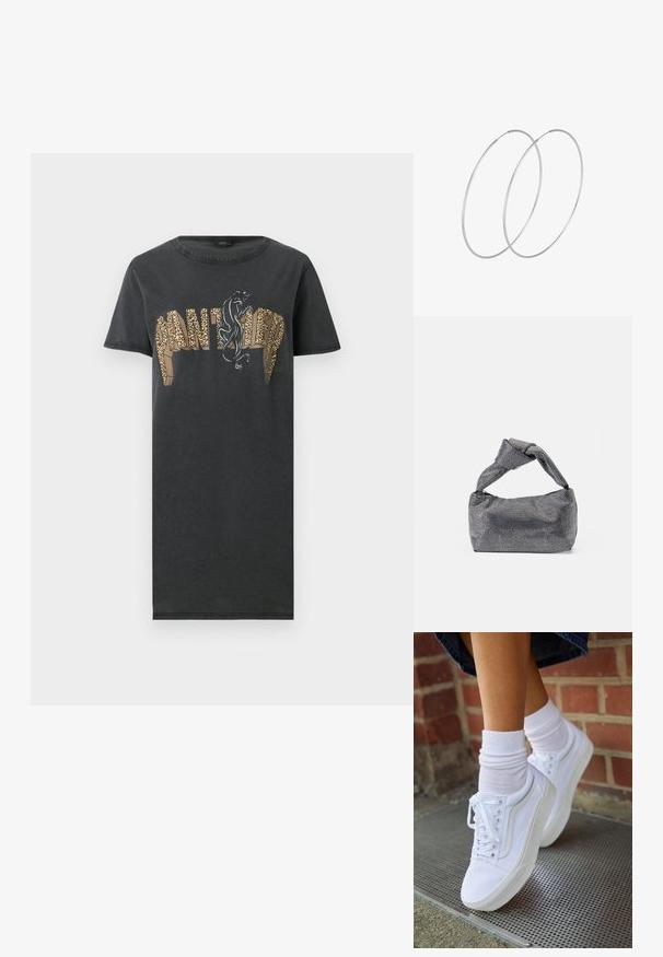Zwarte korte mouwen jurk met de tekst "PANTHER" in luipaardprint en een zwarte panter afbeelding boven de letters aan de voorkant.; Witte canvas sneakers met rubberen zolen, voorzien van zes vetertjes, een ronde neus en lichte stikdetails, gecombineerd met witte enkelsokken.; Zwarte en zilveren handtas met een gestructureerd oppervlak dat een diamanten patroon vertoont, een geknoopt handvat en een gestructureerde vorm.; Zilveren hoepel oorbellen met een minimalistisch ontwerp. Cirkelvormig, gladde textuur en dun profiel. Lichtgewicht met een gepolijste afwerking.