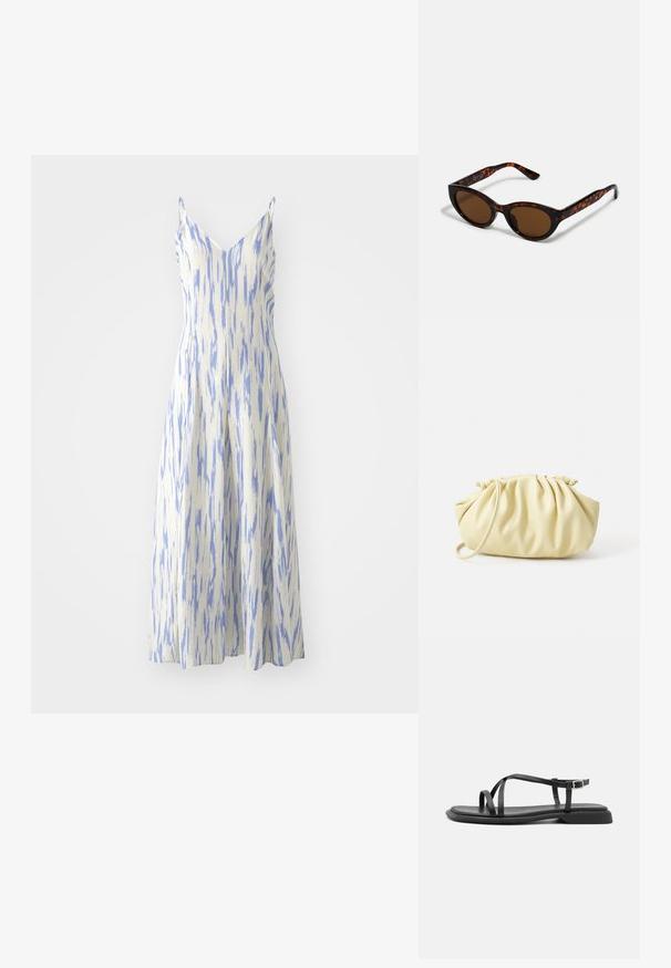 Mouwloze midi-jurk met een V-hals, gemaakt van een gestructureerde witte stof met blauwe verticale strepen, met een uitlopende silhouet.; Zwarte platte sandalen met dunne verstelbare bandjes, rechthoekige teenpost en een gestructureerde matte afwerking. Voorzien van een lage, licht vierkante hak.; Bruine schildpad zonnebril met een vintage cat-eye vorm en bruine lenzen. Heeft gebogen armen met rode accenten.; Geel geplooide handtas van soepel nepleer, met een zachte vorm, een enkele schouderriem en een verzameld ontwerp aan de bovenkant.