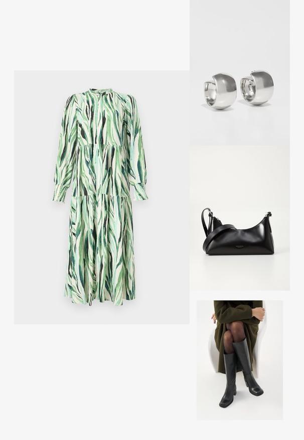 Robe midi à manches longues avec jupe à volants, motif abstrait de feuilles en vert et noir, col montant et poignets froncés sur fond blanc.; Bottes en cuir noires arrivant au genou, avec un bout carré et un talon carré, présentées sur un modèle assis dans un manteau vert olive. Texture lisse, détails minimaux.; Sac à main en cuir noir avec une texture lisse. Dispose d'une bandoulière adjustable et d'un design élégant et minimaliste avec une fermeture éclair.; Uncommon Matters SCULPTURAL LARGE CREOLE - Boucles d'oreilles - silver-coloured