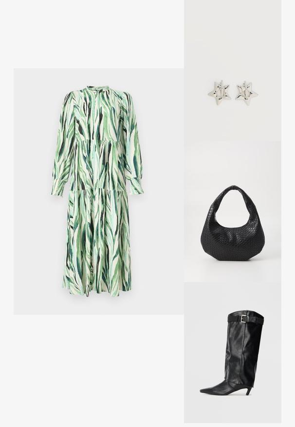 Robe midi à manches longues avec jupe à volants, motif abstrait de feuilles en vert et noir, col montant et poignets froncés sur fond blanc.; Botte noire en cuir, montante jusqu'au genou, avec un bout pointu et un petit talon. Présente une ceinture en haut avec une boucle en métal argenté. Texture lisse.; Sac à main tissé noir avec une poignée courbée, présentant une surface texturée et une forme décontractée. Fini lisse avec une silhouette organique.; Boucles d’oreilles créoles en forme d’étoile argentée avec une finition lisse et polie sur un fond blanc uni.