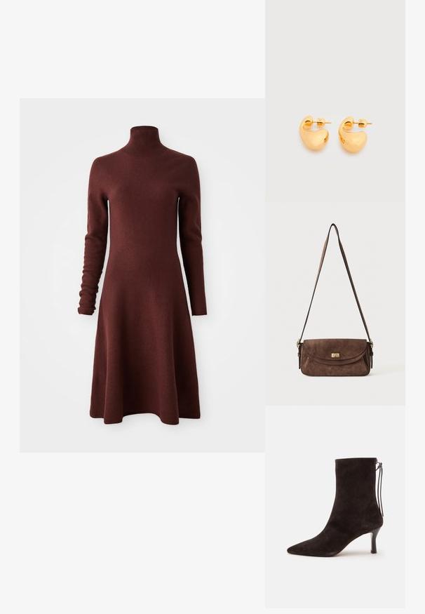 Vestido de punto burdeos de manga larga y cuello alto con falda acampanada, exhibido sobre un fondo blanco.; Botín negro de ante con puntera puntiaguda, tacón medio y fino, y cremallera con tira en la parte trasera.; Bolso de hombro de ante marrón con una larga correa ajustable y un cierre giratorio dorado en la solapa frontal.; Par de pequeños pendientes de botón de tono dorado, robustos, con formas abstractas suaves y curvas sobre un fondo claro.