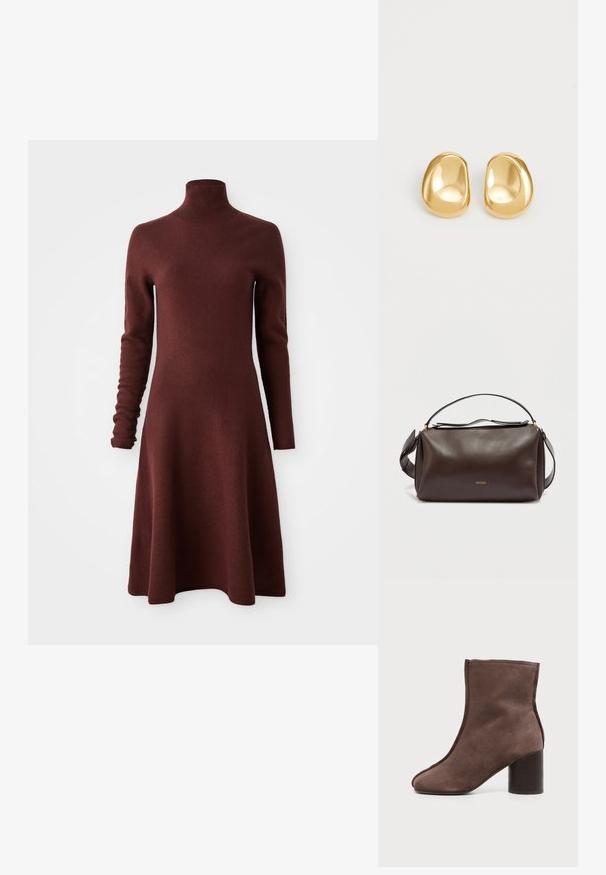 Vestido de punto burdeos de manga larga y cuello alto con falda acampanada, exhibido sobre un fondo blanco.; Botín de ante marrón con puntera redondeada y tacón bloque sobre un fondo claro liso.; Bolso de hombro de cuero marrón con un diseño estructurado, que presenta un logo dorado, cierre superior con cremallera y una correa desmontable. Textura suave.; Pendientes de studs en color dorado con una forma suave y redondeada y una superficie reflectante, que exhiben un diseño minimalista y sin patrones visibles.