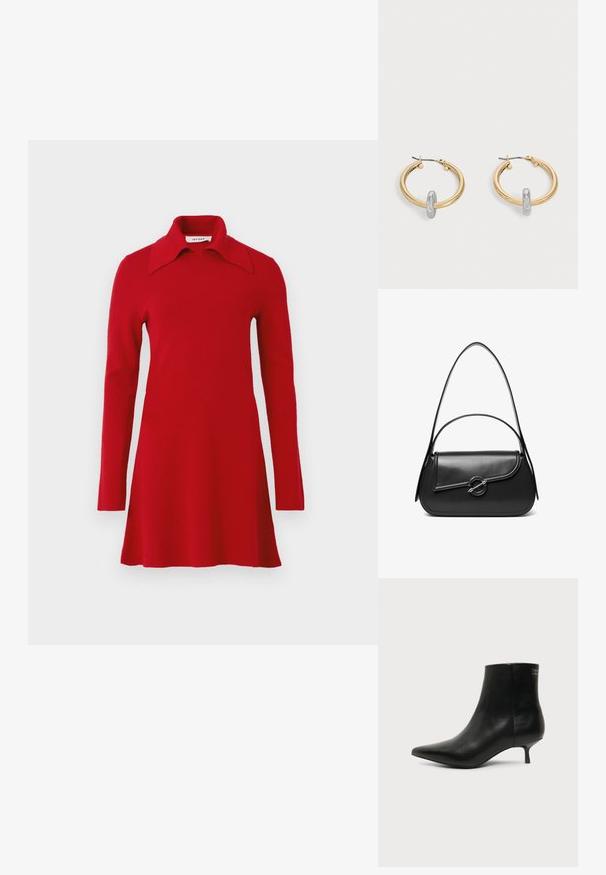 Langærmet rød strikket kjole med bred spids krave, svajende kant og enkelt design, vist på en ensfarvet baggrund.; Sort læder ankelstøvle med spids tå og lav kitten hæl på lys baggrund, der viser yderside.; Sort skuldertaske i læder med en buet klap, der er fastgjort med en rund metal spænde, og en slank, justerbar rem.; Par guldtonede hoop øreringe med lille sølvfarvet loop-detalje på hver, vist mod lysegrå baggrund.