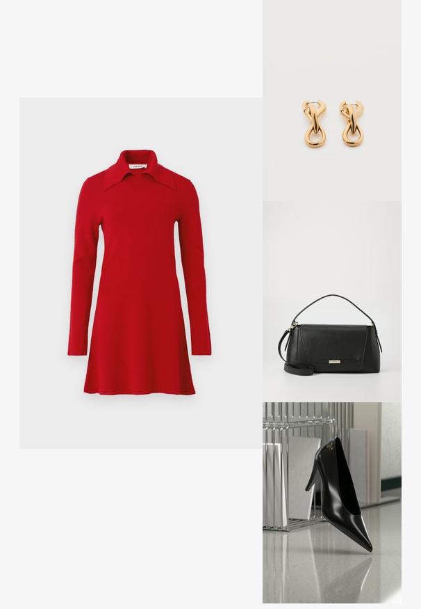 Robe tricotée rouge à manches longues avec un large col pointu, un ourlet évasé et un design simple, présentée sur un fond uni.; Chaussure noire à talon haut avec bout pointu et logo doré, posée sur une surface réfléchissante près d'un organiseur de dossiers en fil chromé contenant des documents.; Sac à main en cuir noir avec un design structuré, une bandoulière amovible et un accent en métal. Présente des lignes épurées et une texture lisse.; Paire de boucles d'oreilles créoles en bouclettes dorées brillantes sur fond blanc uni, présentant un design torsadé entrelacé.