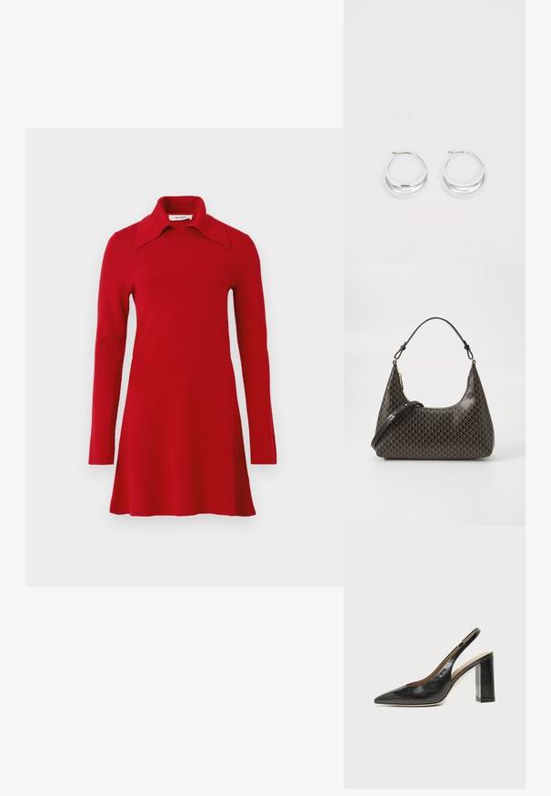 Langærmet rød strikket kjole med bred spids krave, svajende kant og enkelt design, vist på en ensfarvet baggrund.; Sort læder peep-toe slingback sko med høj blokhæl og beige indvendig foring mod en ensfarvet lys baggrund.; Sort læder skuldertaske med et gentagne beige geometrisk mønster, guld lynlås og to justerbare remme på en hvid baggrund.; Sølv hoops øreringe med en poleret overflade og DKNY branding, præsenteret mod en simpel hvid baggrund.