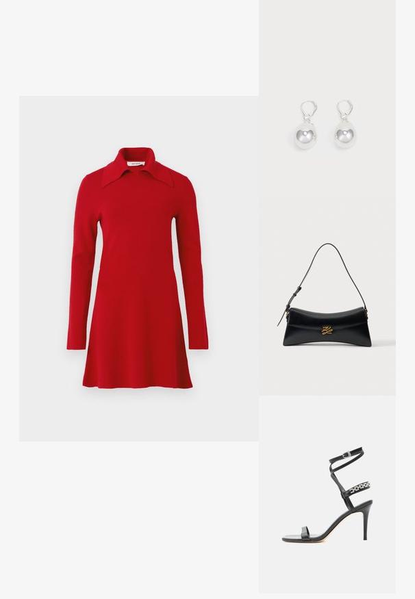 Robe tricotée rouge à manches longues avec un large col pointu, un ourlet évasé et un design simple, présentée sur un fond uni.; Sandale noire à talon haut avec fine bride à la cheville, bride médiane décorée de maillons de chaîne argentés, et design à bout ouvert.; Sac à main en cuir noir de forme trapèze incurvée, avec poignée supérieure et fermeture décorative dorée sur le rabat avant, sur fond blanc.; Boucles d'oreilles en argent en forme de goutte avec des surfaces lisses, rondes et réfléchissantes, suspendues à des fermoirs à ressort. L'arrière-plan est blanc uni.