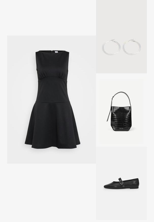 Schwarzes Skaterkleid aus dehnbarem Stoff, ärmelloses Design, runder Ausschnitt, enganliegender Oberteil, ausladender Rock, Reißverschluss hinten.; Schwarzer Lederflatschuh mit runder Zehenform, einem verstellbaren Schnallenriemen und einer glatten, glänzenden Oberfläche. Minimalistisches Design mit einem niedrigen Absatz.; Schwarze Beuteltasche aus krokodilhautgeprägtem Leder mit einem einzelnen Schulterriemen und kleinem silbernen Markenlogo vorne unten in der Mitte.; Paar glänzende silberne Creolen mit dünnen Drahtverschlüssen, dargestellt vor einem hellgrauen Hintergrund.