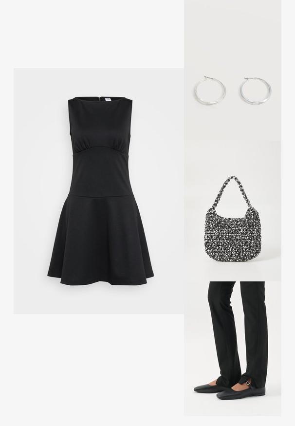 Schwarzes Skaterkleid aus dehnbarem Stoff, ärmelloses Design, runder Ausschnitt, enganliegender Oberteil, ausladender Rock, Reißverschluss hinten.; Beine in schwarzen schmalen Hosen mit vorderen Schlitzen am Saum, kombiniert mit schwarzen flachen Mary-Jane-Schuhen mit kleinem Schnallenriemen.; Gewebte Handtasche in Schwarz und Weiß mit runder Form, strukturiertem Oberflächenfinish und geflochtener Grifffläche. Geeignet für den lässigen Gebrauch.; Silberne Metallcreolen mit glatter, leicht gebogener Oberfläche und Klappverschluss vor schlicht weißem Hintergrund.