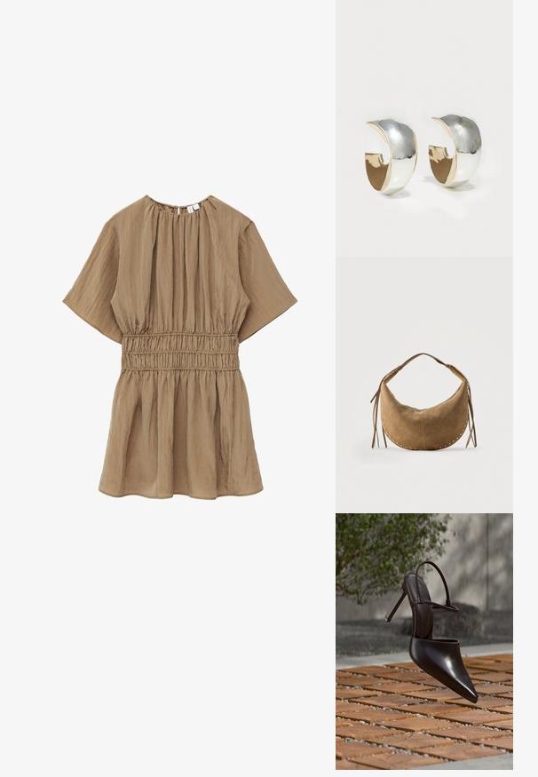 Robe courte à manches courtes marron avec taille froncée, col rond et jupe ample et fluide.; Mule noire brillante à talons hauts avec bout pointu et bride à la cheville, suspendue au-dessus d'une surface carrelée en terre cuite avec des interstices remplis de gravier.; Sac à main en daim marron en forme de croissant avec une poignée courte, des clous dorés le long des bords et des glands en cuir de chaque côté.; Uncommon Matters SCULPTED CREOLE - Boucles d'oreilles - silver-coloured/gold-coloured
