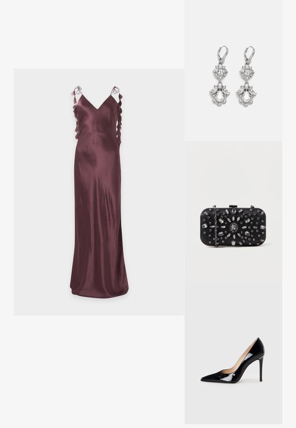Long, dark purple satin dress with thin shoulder straps and side cutouts decorated with circular fabric details.; Black patent leather high-heeled pump with a pointed toe design and a sleek silhouette. Features a smooth, shiny finish and a slender stiletto heel.; Black clutch with a rectangular shape, adorned with various rhinestones in a floral pattern, featuring a silver chain for carrying.; Silver-tone earrings featuring multiple clear crystal gemstones in teardrop and marquise shapes, with lever-back closures and intricate detailing.