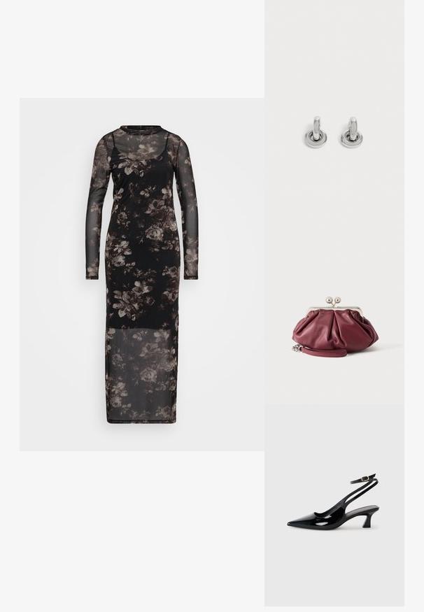 Robe en maille noire à manches longues, ornée d'un motif floral dans des nuances de gris et de marron. Longue jusqu'au sol, avec une silhouette ajustée.; Escarpins à brides arrière en cuir verni noir, à bout pointu, avec un petit talon carré et une sangle de cheville ajustable dotée d'une boucle dorée.; Petite pochette en cuir bordeaux avec fermoir en métal argenté et bracelet pour poignet sur fond blanc.; Paire de petites boucles d'oreilles créoles argentées brillantes avec une base ronde, présentées sur un fond clair uni.