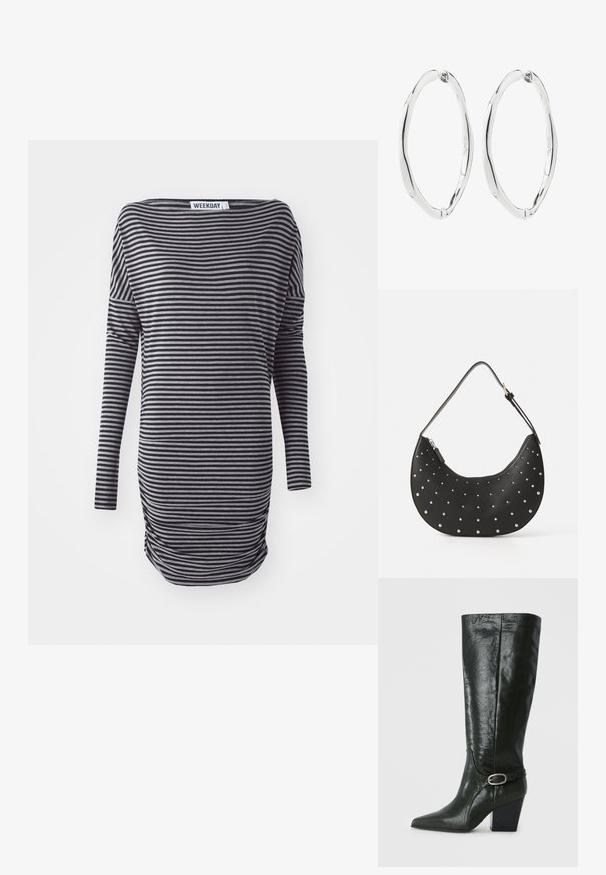 Vestido de manga larga a rayas en negro y gris. Presenta un ajuste holgado, escote redondeado y detalle de fruncido lateral. Fabricado con tejido suave.; Bota de cuero verde hasta la rodilla con punta afilada, tacón cuadrado y correa decorativa con detalle de hebilla plateada. Textura suave con brillo.; Bolso de mano de cuero negro con forma curva, adornado con tachuelas plateadas, cuenta con cierre de cremallera y una sola correa ajustable.; Par de pendientes de aro ovalados retorcidos de plata pulida con cierres de bisagra, mostrados sobre fondo blanco.