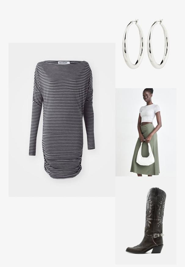 Vestido de manga larga a rayas en negro y gris. Presenta un ajuste holgado, escote redondeado y detalle de fruncido lateral. Fabricado con tejido suave.; Bota cowboy de cuero negro con recortes decorativos, hebilla plateada y tacón inclinado, presentada sobre fondo blanco.; Top corto de canalé gris y falda de tiro alto verde oliva. La modelo sostiene un bolso de hombro blanco con detalles recortados. Diseño simple, silueta ajustada.; Pendientes de aro de plata con una superficie lisa y reflectante. Forma redonda y grande con un cierre seguro en la parte superior. El acabado pulido resalta el brillo.