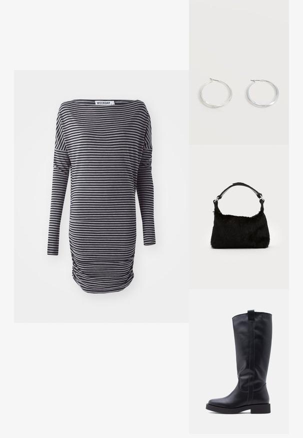 Vestido de manga larga a rayas en negro y gris. Presenta un ajuste holgado, escote redondeado y detalle de fruncido lateral. Fabricado con tejido suave.; Botas negras de cuero hasta la rodilla con acabado liso, punta redondeada, tacón bajo y ancho, y una presilla trasera para facilitar su uso. Detalles visibles en la costura lateral.; Bolso de mano de piel sintética negra con una textura suave, forma redondeada y una resistente correa de cuero negro para el hombro. Acentos de herrajes plateados visibles.; Pendientes de aro de metal plateado con superficie lisa y ligeramente curvada y cierre de tipo mosquetón sobre un fondo blanco liso.
