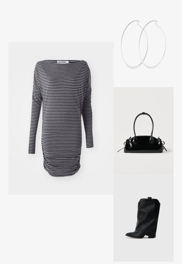 Vestido de manga larga a rayas en negro y gris. Presenta un ajuste holgado, escote redondeado y detalle de fruncido lateral. Fabricado con tejido suave.; Botín de cuero negro con punta afilada, silueta holgada y tacón bajo en bloque. Presenta un pequeño lazo trasero para facilitar el calzado.; Pequeño bolso negro brillante con dos asas largas y detalles de cordón lateral sobre un fondo claro liso.; Pendientes de aro plateados con un diseño delgado y suave; forma ovalada alargada; acabado pulido; presentan un cierre de gancho seguro.