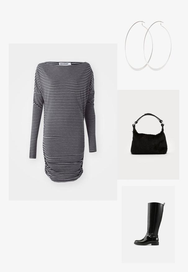 Vestido de manga larga a rayas en negro y gris. Presenta un ajuste holgado, escote redondeado y detalle de fruncido lateral. Fabricado con tejido suave.; Botas negras hasta la rodilla hechas de cuero brillante, con un detalle de hebilla plateada en el tobillo y un diseño de punta redondeada. Suela plana.; Bolso de mano de piel sintética negra con una textura suave, forma redondeada y una resistente correa de cuero negro para el hombro. Acentos de herrajes plateados visibles.; Pendientes de aro plateados con un diseño delgado y suave; forma ovalada alargada; acabado pulido; presentan un cierre de gancho seguro.