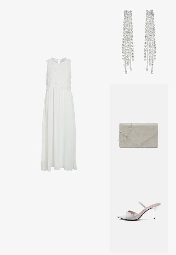 Vestido maxi blanco con un corpiño de encaje y un escote redondeado, además de una espalda con abertura en forma de lágrima. La falda es fluida y de textura suave.; Mule plateado de tacón alto con punta afilada, una tira ancha brillante sobre los dedos y una tira delgada sobre el pie, sobre fondo blanco.; Bolso de mano metálico plateado con diseño de sobre, embellecido con un patrón texturizado, que incluye una correa de cadena desmontable.; Pendientes largos de plata que presentan una variedad de cristales transparentes facetados en cascadas con diferentes longitudes y formas.