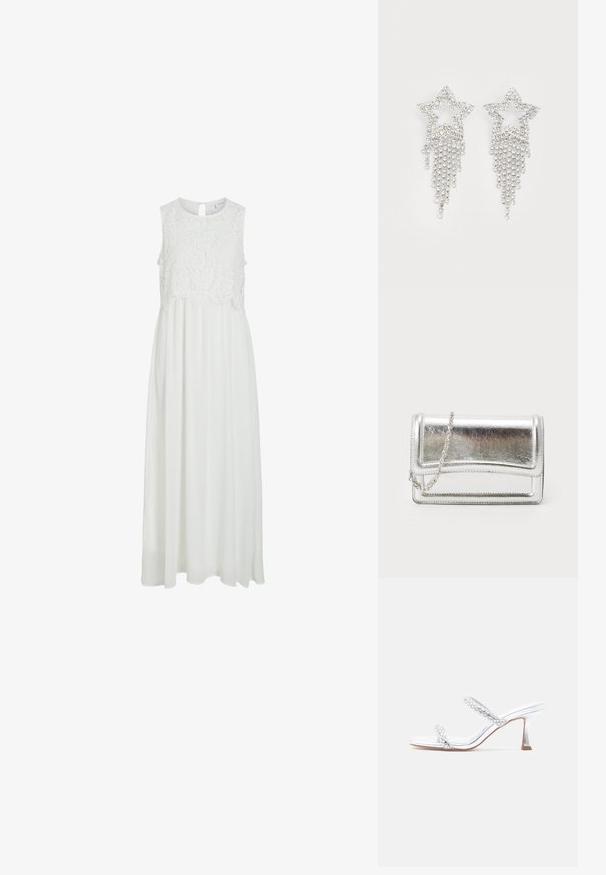 Vestido maxi blanco con un corpiño de encaje y un escote redondeado, además de una espalda con abertura en forma de lágrima. La falda es fluida y de textura suave.; Sandalias plateadas con dos tiras de cuentas, punta puntiaguda y tacón de bloque de altura media. Material liso y brillante con un detalle texturizado.; Bolso de mano metálico plateado con textura suave, cierre de solapa y cadena para el hombro. Presenta un diseño rectangular estructurado y acentos cosidos.; Pendientes en forma de estrella con strass y detalles de flecos en cascada, con un tono plateado y una superficie brillante y reflectante. Forma de estrella con un diseño intrincado.