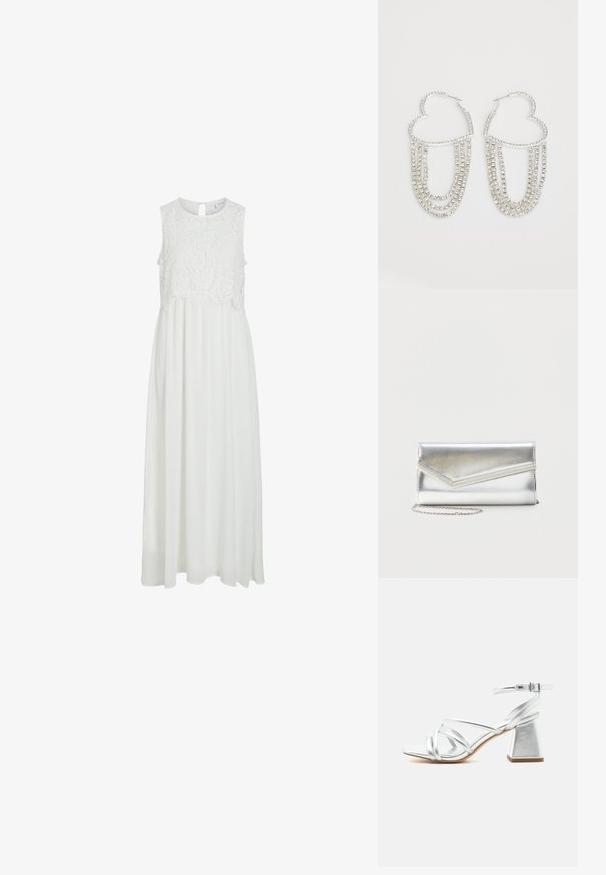 Vestido maxi blanco con un corpiño de encaje y un escote redondeado, además de una espalda con abertura en forma de lágrima. La falda es fluida y de textura suave.; Sandalia plateada con tiras, tacón cuadrado y correa con hebilla en el tobillo, punta abierta y suela lisa sobre fondo blanco liso.; Bolso clutch plateado brillante con solapa de estilo sobre y adorno decorativo, pequeña correa de cadena plateada, sobre fondo liso claro.; Pendientes de aro plateados en forma de corazón, con hebras en cascada de strass transparentes que aportan un brillo y textura adicionales.