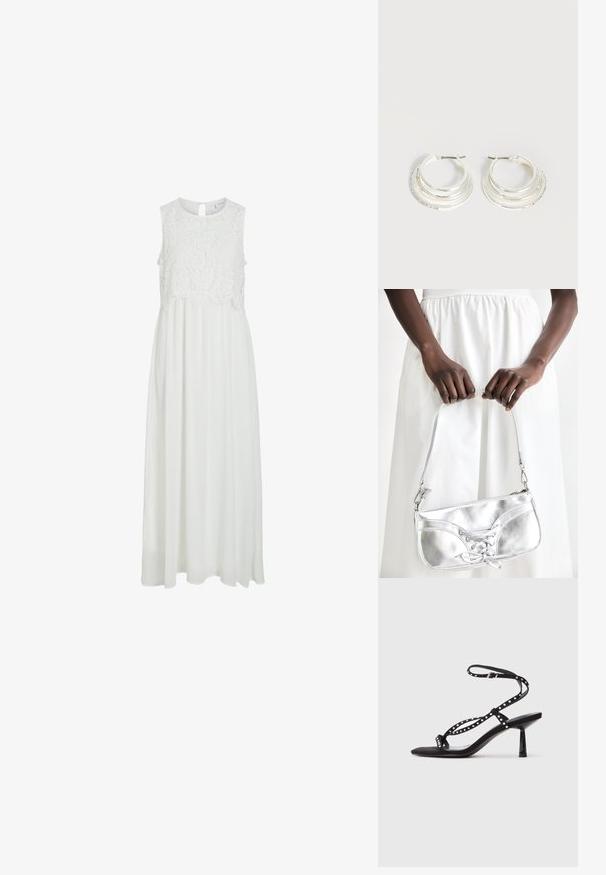 Vestido maxi blanco con un corpiño de encaje y un escote redondeado, además de una espalda con abertura en forma de lágrima. La falda es fluida y de textura suave.; Sandalias de tacón alto de ante negro con punta afilada, correa en el tobillo y detalles decorativos de tachuelas en las correas.; Bolso metálico plateado con detalle de cordones, que presenta un diseño elegante y una correa corta. El bolso está sostenido con las manos, mostrando su textura.; Pendientes de aro de plata con tres bandas semicirculares superpuestas, una adornada con pequeños cristales transparentes sobre un fondo claro.
