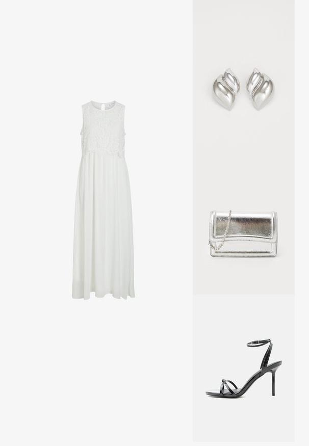 Vestido maxi blanco con un corpiño de encaje y un escote redondeado, además de una espalda con abertura en forma de lágrima. La falda es fluida y de textura suave.; Sandalia de tacón alto de charol negro con tiras finas que cruzan los dedos y una correa con hebilla en el tobillo sobre un fondo blanco.; Bolso de mano metálico plateado con textura suave, cierre de solapa y cadena para el hombro. Presenta un diseño rectangular estructurado y acentos cosidos.; Pendientes de plata con una forma orgánica y abstracta. Superficie lisa y brillante con un diseño cónico. Presentan suaves curvas y un detalle de línea central.