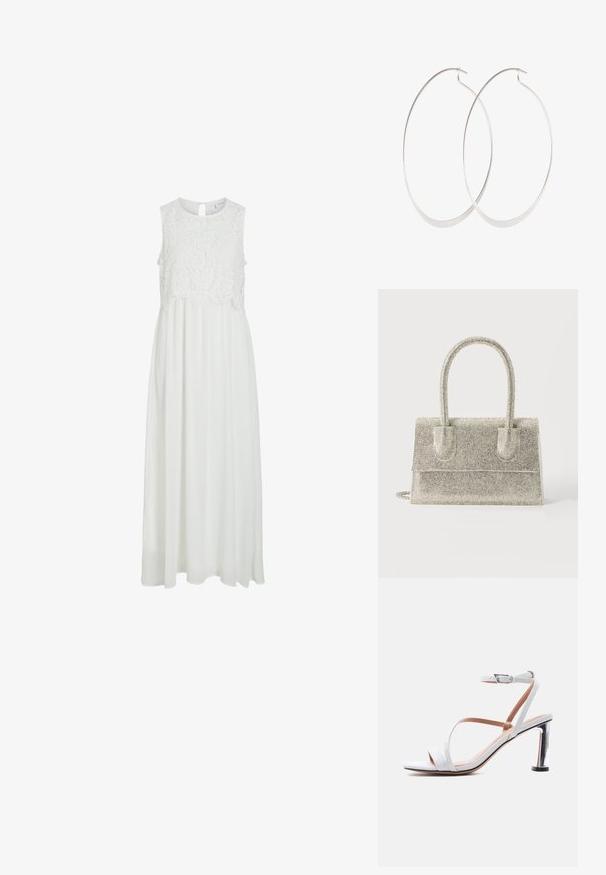 Vestido maxi blanco con un corpiño de encaje y un escote redondeado, además de una espalda con abertura en forma de lágrima. La falda es fluida y de textura suave.; Sandalia blanca con tiras brillantes, hebilla en el tobillo y tacón cuadrado plateado brillante, vista lateral sobre un fondo blanco.; Pequeño bolso rectangular plateado cubierto de brillantes pedrería, con doble asa y cierre de solapa.; Pendientes de aro plateados con un diseño delgado y suave; forma ovalada alargada; acabado pulido; presentan un cierre de gancho seguro.