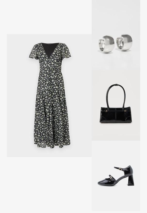 Robe midi noire à imprimé marguerites blanches, encolure en V, manches courtes volantées et taille cintrée avec une jupe fluide.; Chaussure Mary Jane en cuir verni noir avec deux sangles ajustables à boucle et un talon carré sur fond blanc.; Sac à main rectangulaire noir brillant avec deux fines bretelles et petits détails de boucles dorées à l'avant.; Uncommon Matters SCULPTURAL LARGE CREOLE - Boucles d'oreilles - silver-coloured