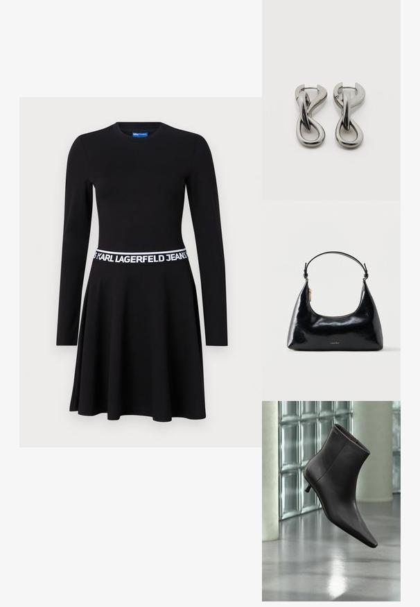 Vestido negro de manga larga hecho de tejido elástico, con un corsé ajustado, falda acampanada y cinturilla elástica blanca con logotipo.; Bota de cuero negro para el tobillo con puntera puntiaguda y tacón pequeño, exhibida frente a una pared de bloques de vidrio y un suelo pulido.; Bolso negro brillante de Calvin Klein con cremallera dorada y correa corta sobre un fondo blanco liso.; Par de pendientes de metal con acabado plateado y diseño abstracto de bucles entrelazados sobre un fondo blanco.