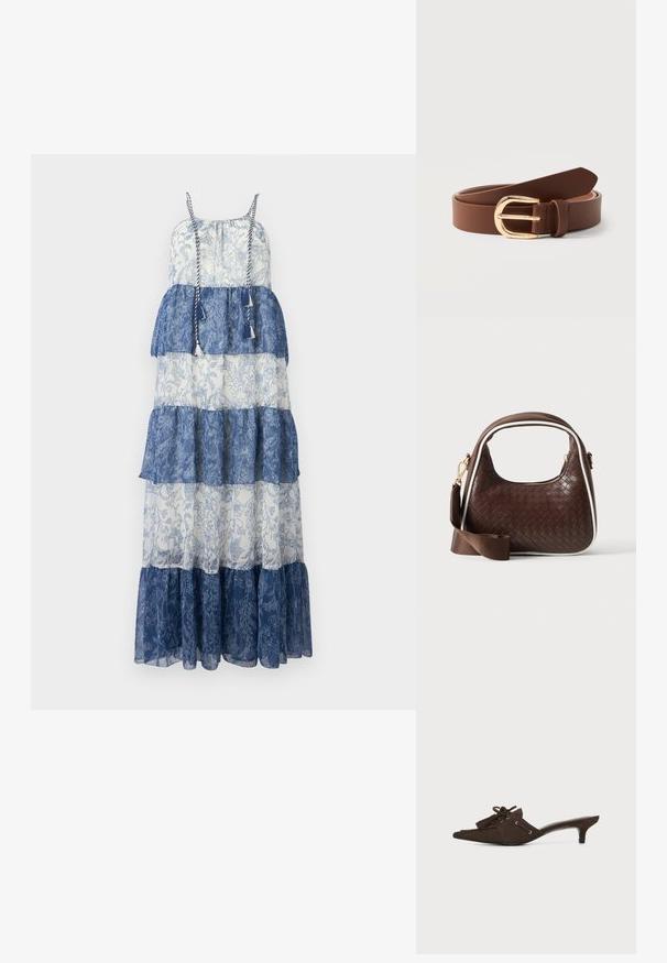 Vestido maxi con diseño en capas, confeccionado en una tela transparente de color azul y blanco, con patrones florales, tirantes ajustables y acentos de borlas.; Zueco puntiagudo de ante marrón oscuro con tacón bajo de tipo kitten, borlas decorativas y detalle de encaje sobre fondo blanco.; Bolso de mano de piel trenzada marrón con ribete blanco, cremallera dorada y correa de hombro de tela marrón desmontable.; Cinturón de cuero marrón con hebilla dorada redondeada, enrollado y descansando sobre una superficie blanca.