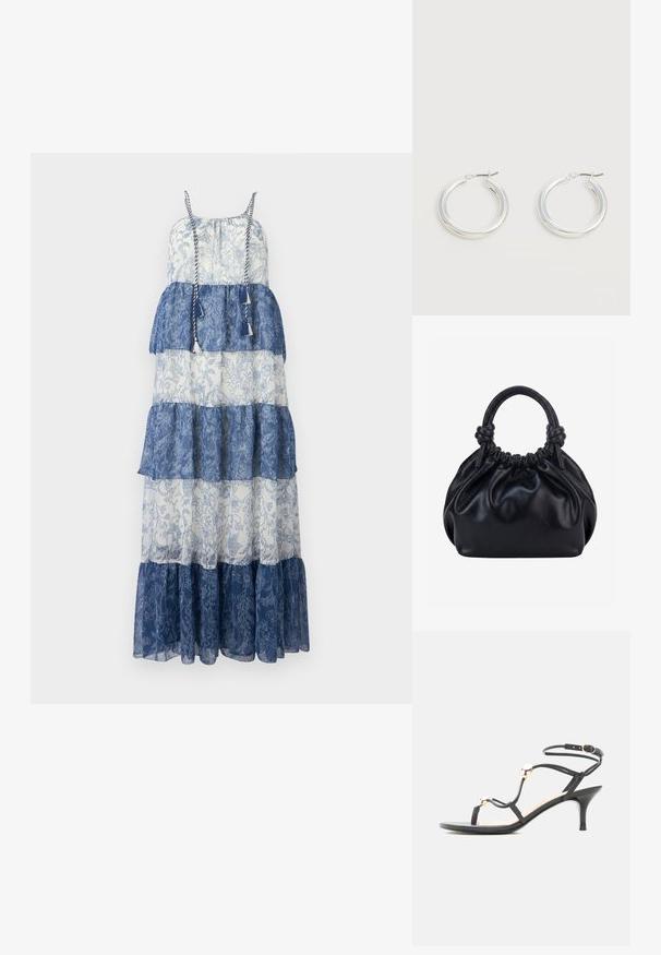 Vestido maxi con diseño en capas, confeccionado en una tela transparente de color azul y blanco, con patrones florales, tirantes ajustables y acentos de borlas.; Sandalia negra con tiras, tacón medio, cuentas doradas de acento y una correa en el tobillo con hebilla sobre fondo blanco.; Bolso de mano de cuero negro suave con parte superior fruncida y dos asas gruesas atadas en nudos sobre un fondo claro y liso.; Par de pendientes de aro plateados brillantes de tamaño mediano con cierres metálicos finos sobre un fondo neutro claro.